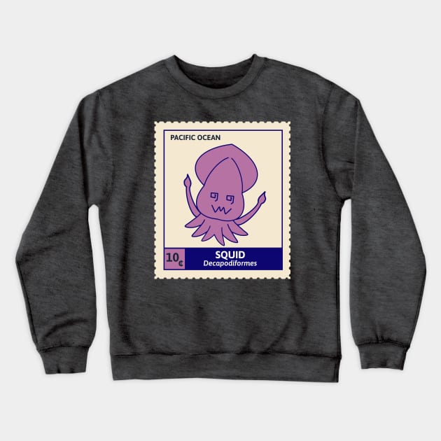 Kawaii Cute Silly Purple Squid, Ocean Stamp Collection, Stamp Collector Crewneck Sweatshirt by vystudio